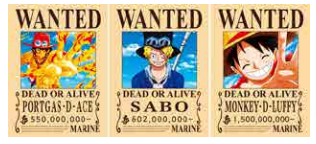 Poster One Piece Wanted Ace / Sabo /Luffy