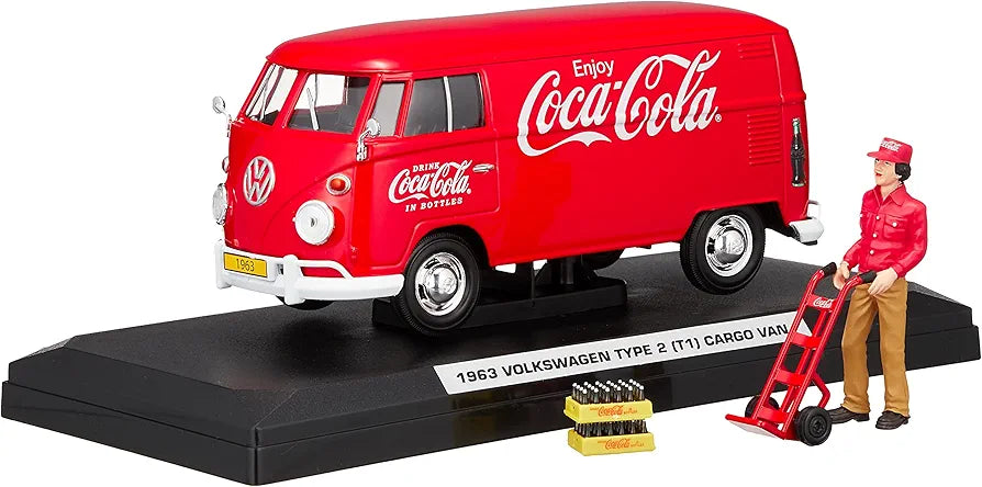 1963 Volkswagen T1 Coca Cola Cargo Van with Delivery Driver, Hand Cart and Coca Cola Cases 1/24 by Motor City Classics 424062